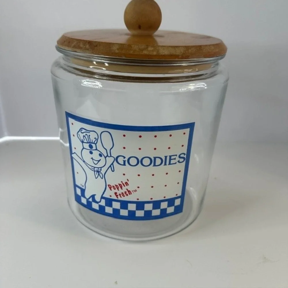 Vintage Pillsbury Poppin Fresh Doughboy Goodies Glass Canister Jar Wood Lid 9in